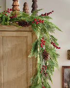 Red Berry Pine Garland with Real Touch Greenery, Pinecone Accents and 72-Inch Holiday Mantel Decor