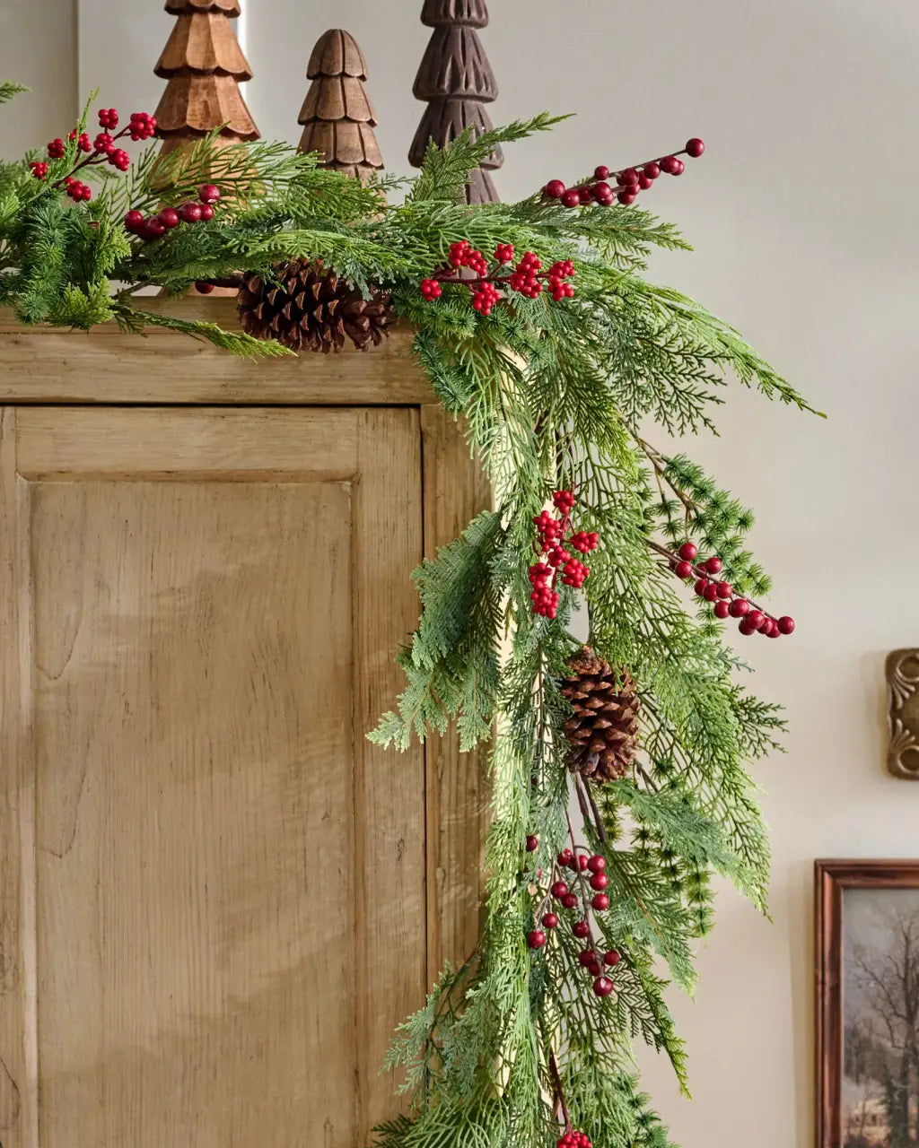 Red Berry Pine Garland with Real Touch Greenery, Pinecone Accents and 72-Inch Holiday Mantel Decor