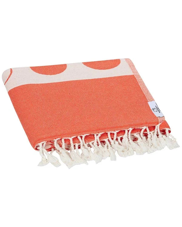 Red Polka Dot Beach Towel in Turkish Organic Cotton, Jacquard Weave, Tassel Trim and Sand Resistant Design