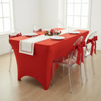 Red Rectangular Spandex Table Cover with Leg Pockets for a Sleek Finish at Weddings and Banquets