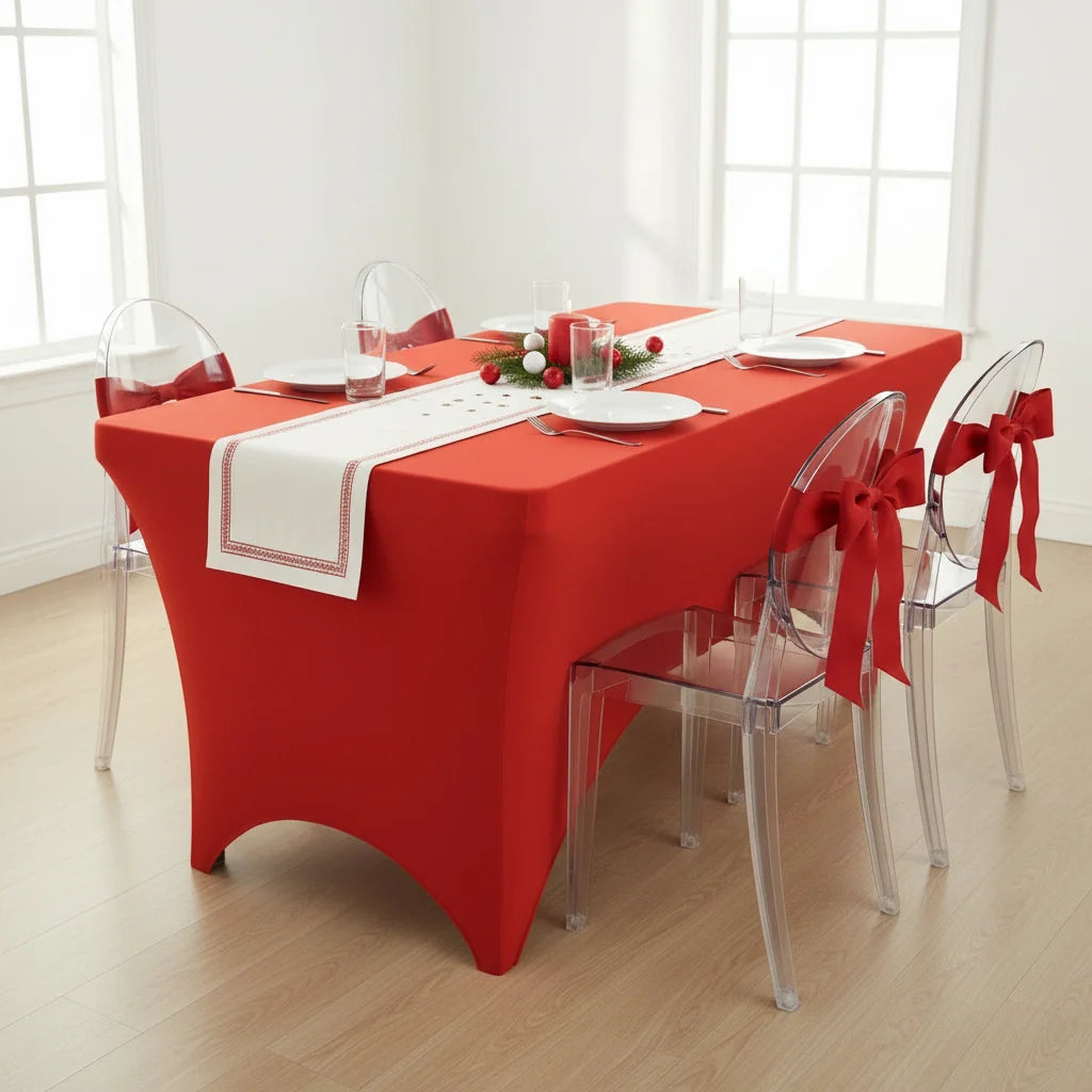 Red Rectangular Spandex Table Cover with Leg Pockets for a Sleek Finish at Weddings and Banquets