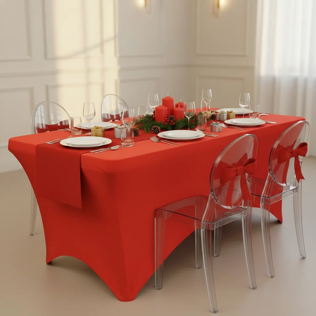 Red Rectangular Spandex Table Cover with Leg Pockets for a Sleek Finish at Weddings and Banquets
