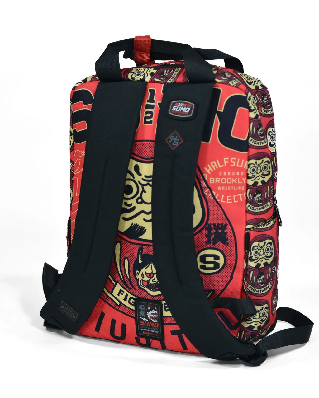 Red Samurai Art Backpack for School and Work with Separate Front Pockets and Adjustable Mesh Straps