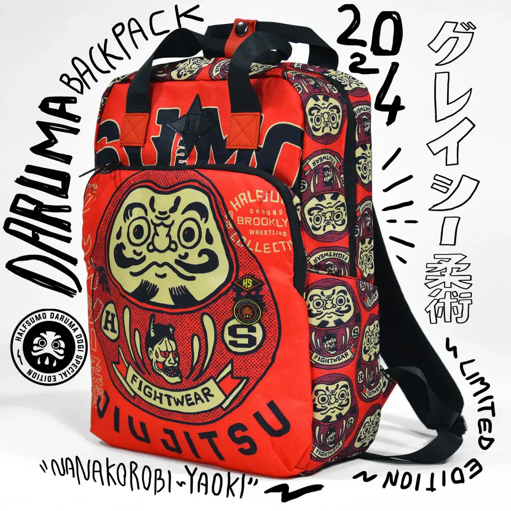 Red Samurai Art Backpack for School and Work with Separate Front Pockets and Adjustable Mesh Straps