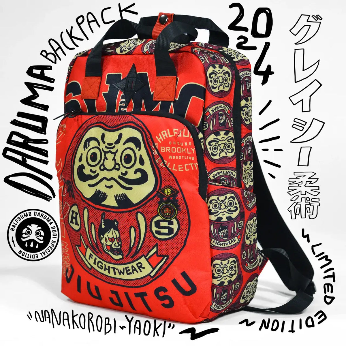 Red Samurai Art Backpack for School and Work with Separate Front Pockets and Adjustable Mesh Straps