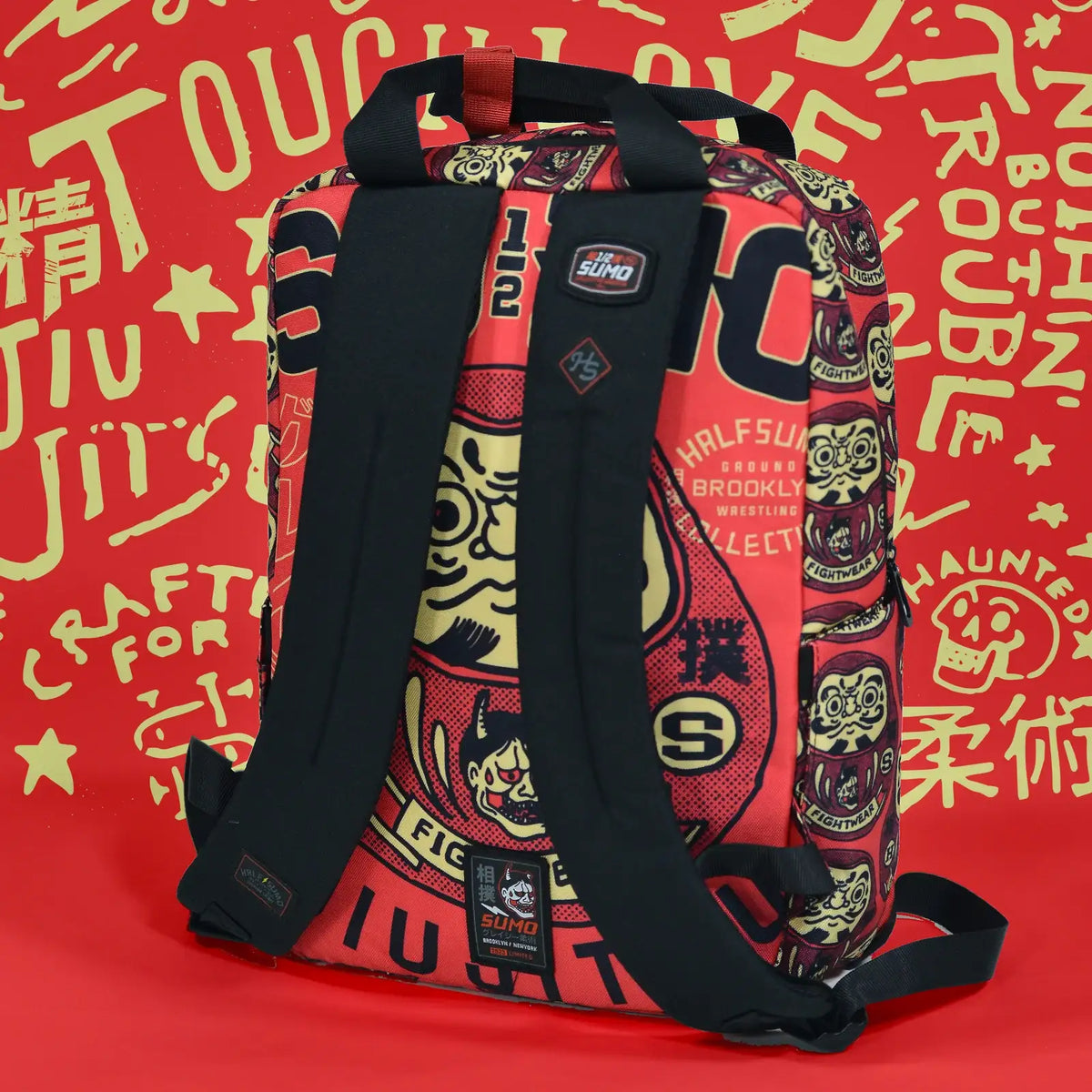 Red Samurai Art Backpack for School and Work with Separate Front Pockets and Adjustable Mesh Straps