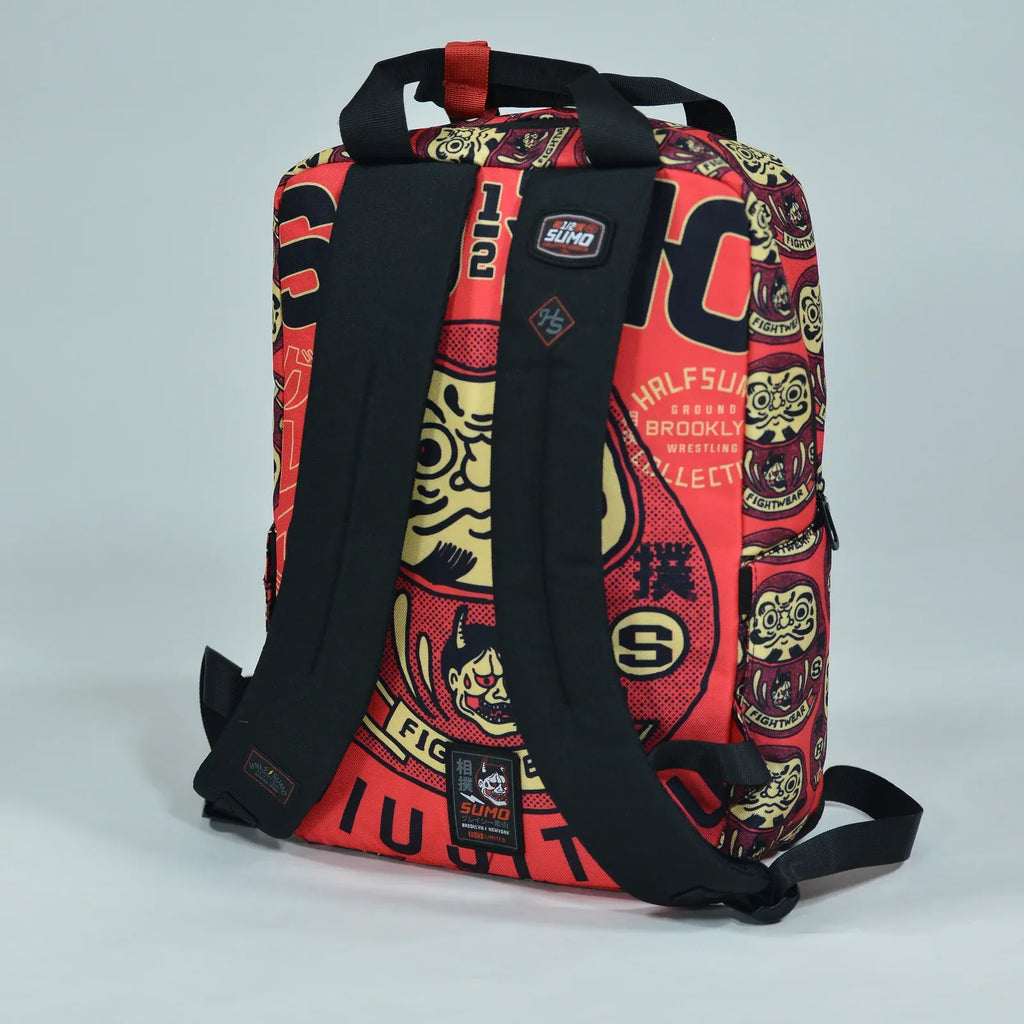 Red Samurai Art Backpack for School and Work with Separate Front Pockets and Adjustable Mesh Straps