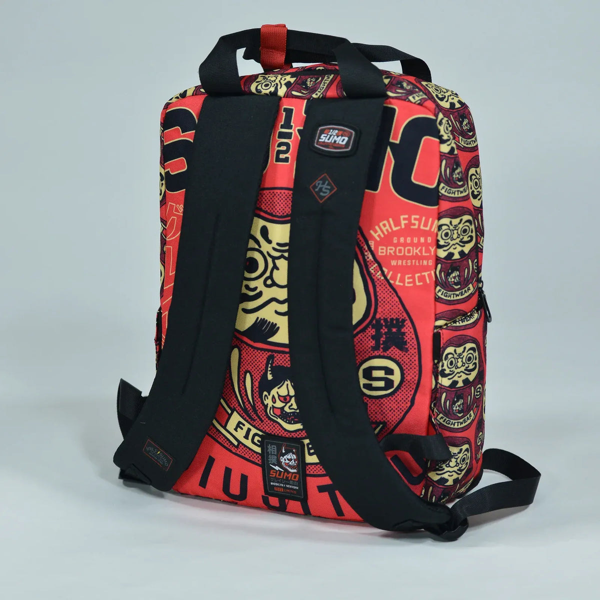 Red Samurai Art Backpack for School and Work with Separate Front Pockets and Adjustable Mesh Straps