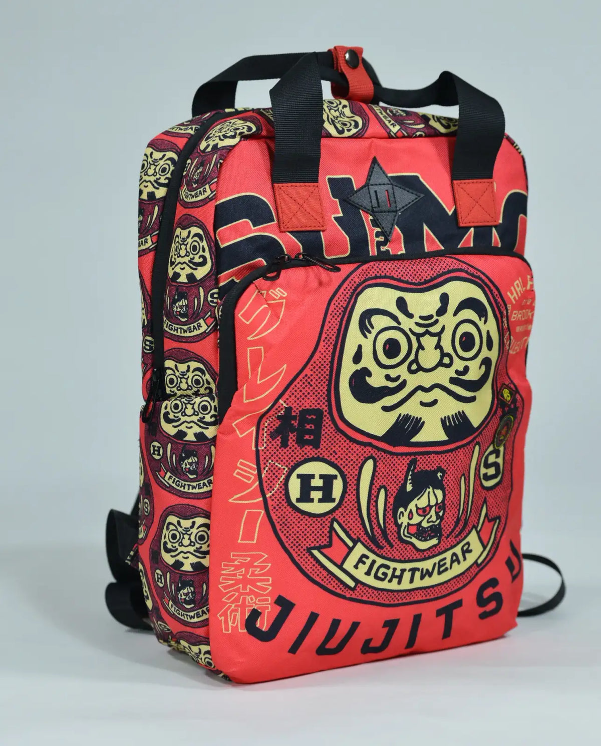 Red Samurai Art Backpack for School and Work with Separate Front Pockets and Adjustable Mesh Straps