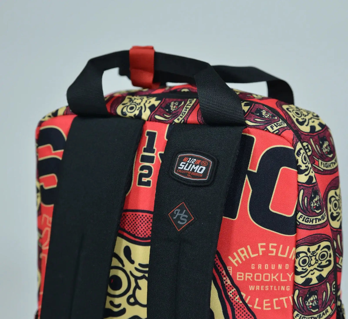 Red Samurai Art Backpack for School and Work with Separate Front Pockets and Adjustable Mesh Straps
