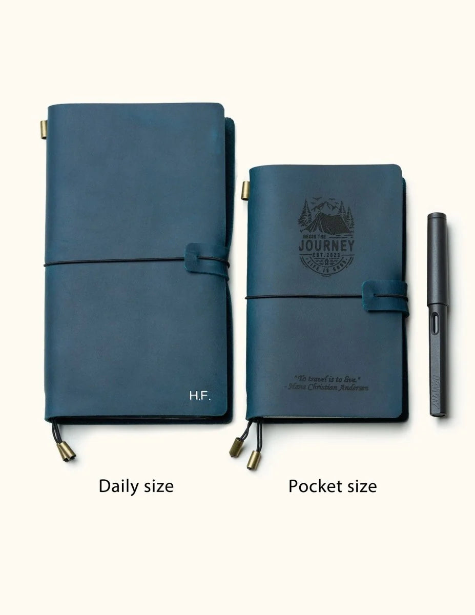 Refillable Leather Travel Journal with a Card Pocket and Replaceable Inserts for Notes and Sketches
