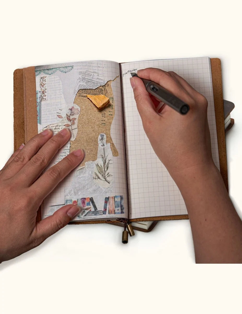 Refillable Leather Travel Journal with a Card Pocket and Replaceable Inserts for Notes and Sketches