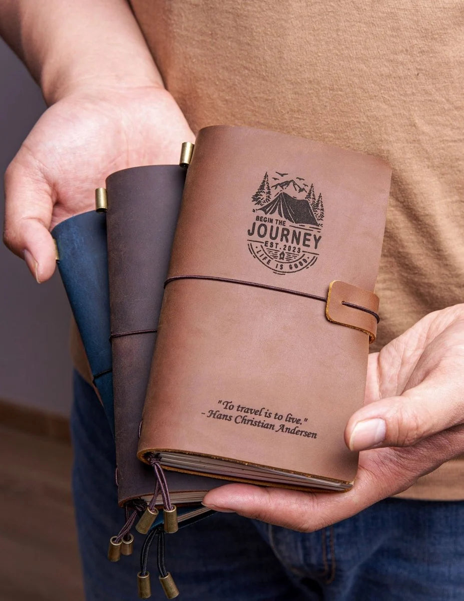 Refillable Leather Travel Journal with a Card Pocket and Replaceable Inserts for Notes and Sketches