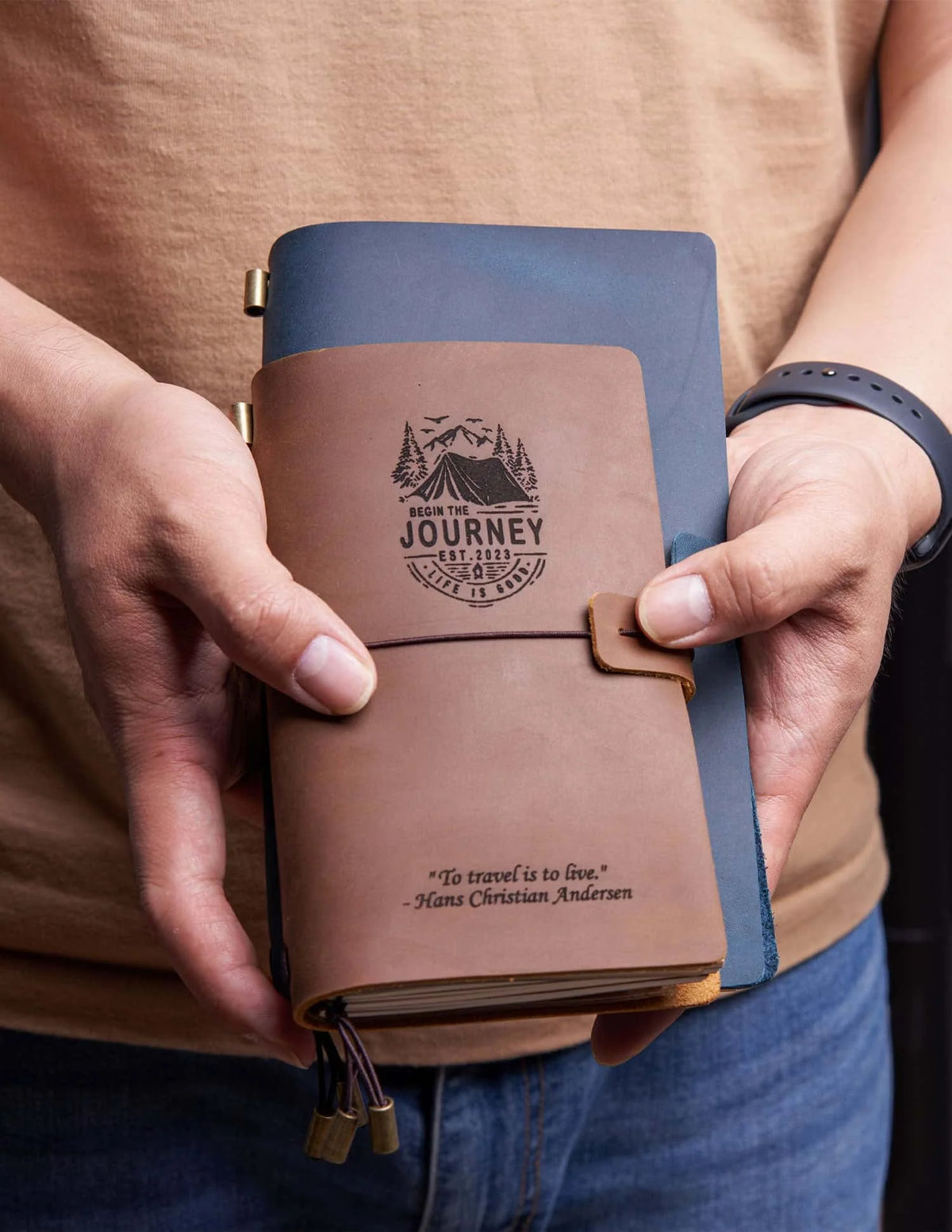 Refillable Leather Travel Journal with a Card Pocket and Replaceable Inserts for Notes and Sketches