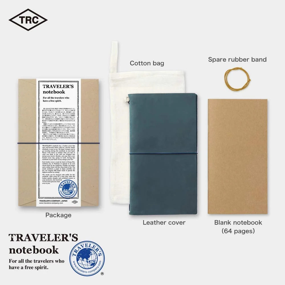 Refillable Travel Notebook Starter Kit in Blue Leather, Regular Size, with a 64-Page Plain Insert