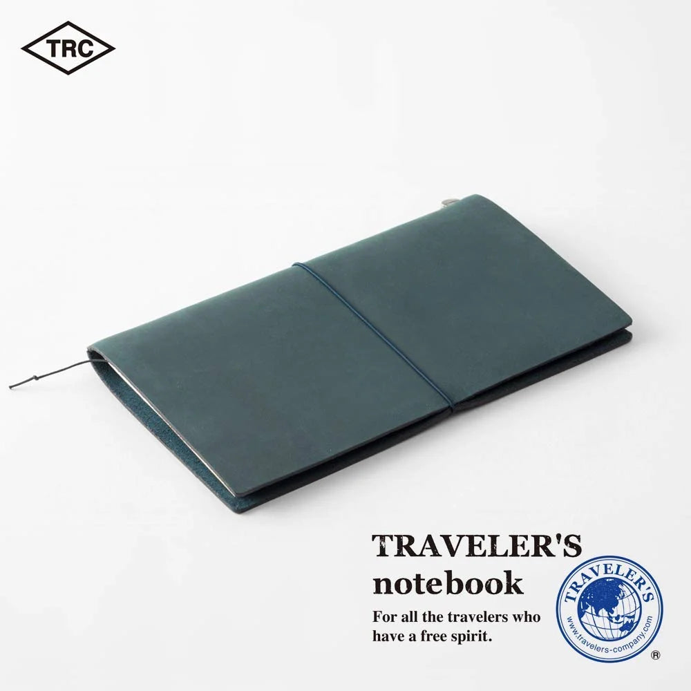 Refillable Travel Notebook Starter Kit in Blue Leather, Regular Size, with a 64-Page Plain Insert