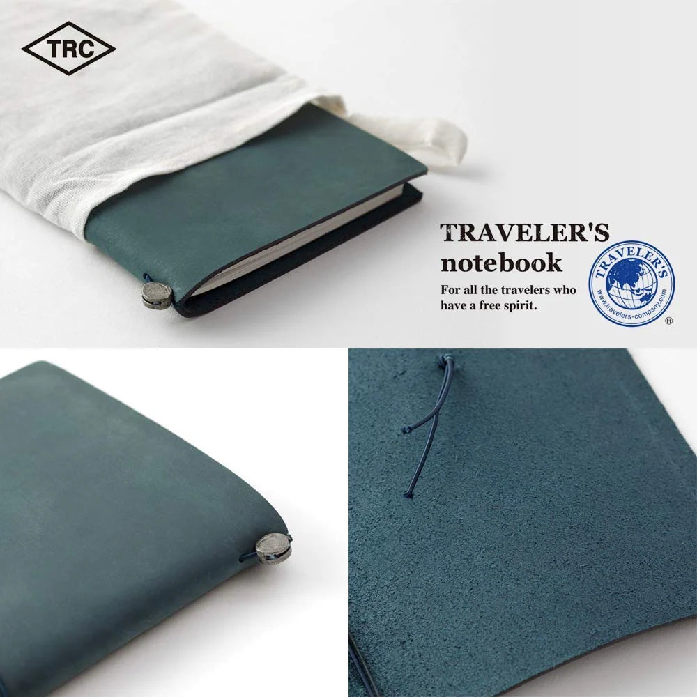 Refillable Travel Notebook Starter Kit in Blue Leather, Regular Size, with a 64-Page Plain Insert