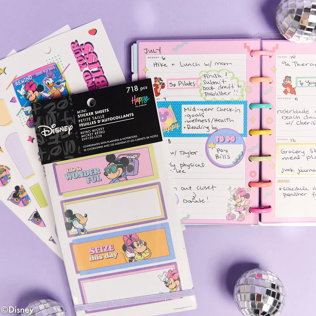 Retro Planner Sticker Book for Mini Layouts with 30 Sheets of Colorful Boxes and Character Designs