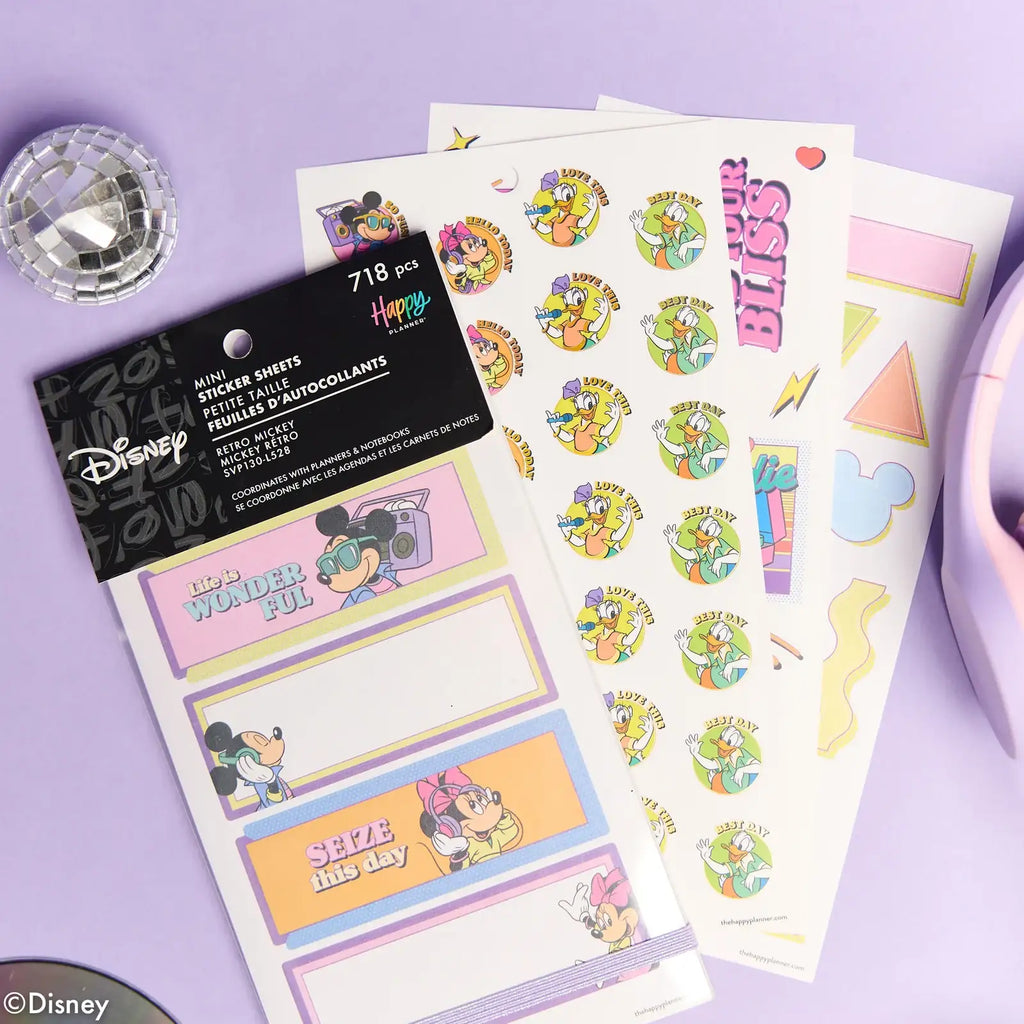 Retro Planner Sticker Book for Mini Layouts with 30 Sheets of Colorful Boxes and Character Designs