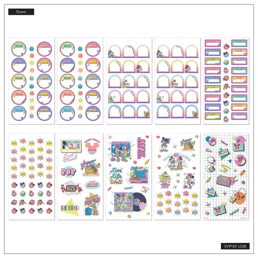 Retro Planner Sticker Book for Mini Layouts with 30 Sheets of Colorful Boxes and Character Designs