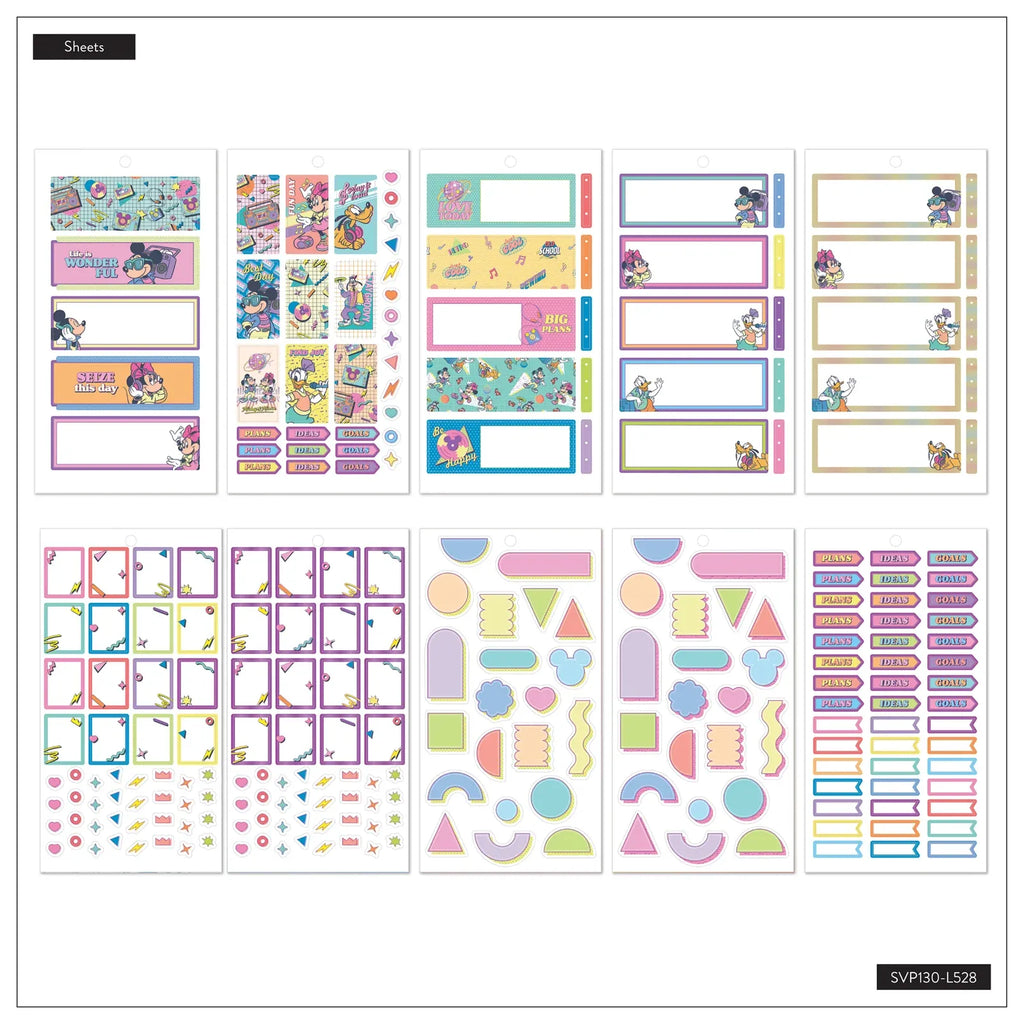 Retro Planner Sticker Book for Mini Layouts with 30 Sheets of Colorful Boxes and Character Designs