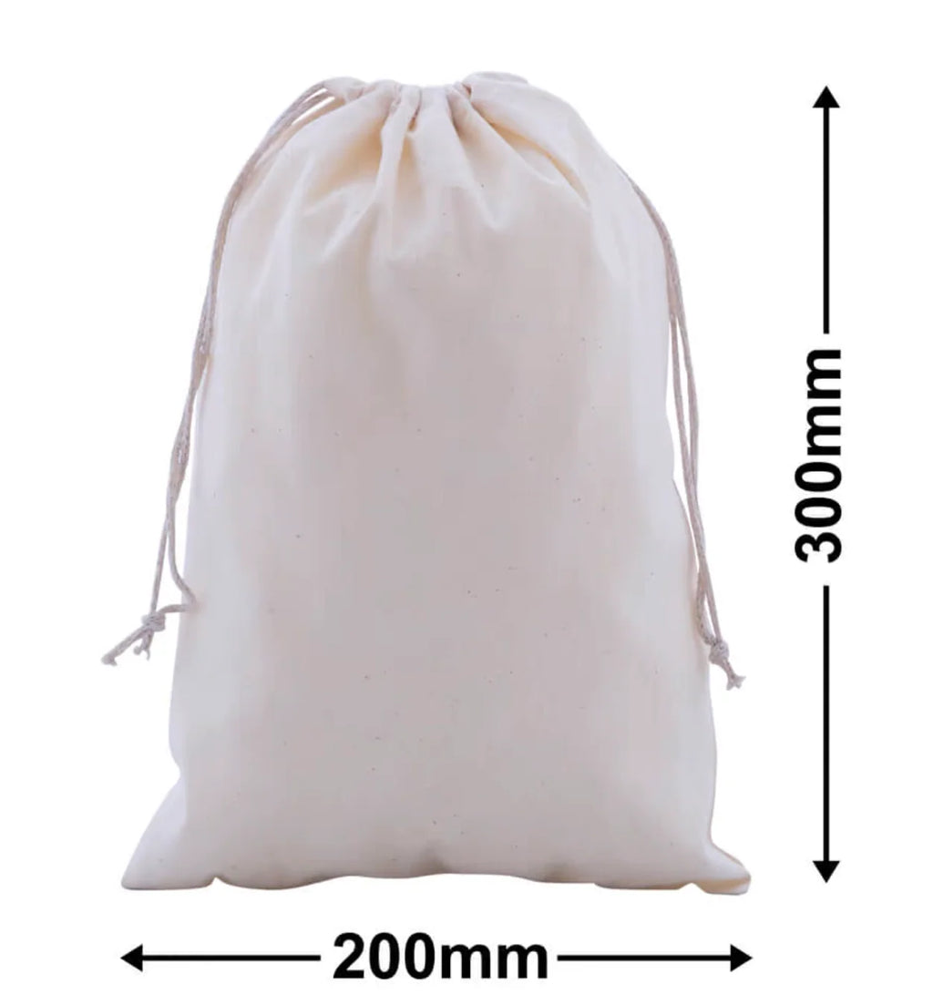 Reusable Calico Drawstring Bags in Recycled Cotton with Custom Logo Printing, Multiple Sizes and Bulk Quantities