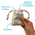 Reusable Calico Drawstring Bags in Recycled Cotton with Custom Logo Printing, Multiple Sizes and Bulk Quantities