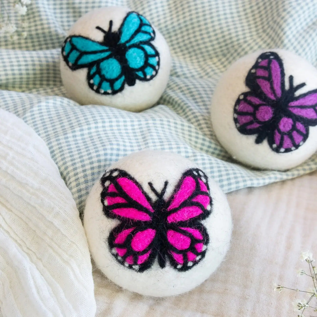 Reusable Dryer Balls Laundry Set with Three Needle-Felted Monarch Butterflies for Small and Medium Loads