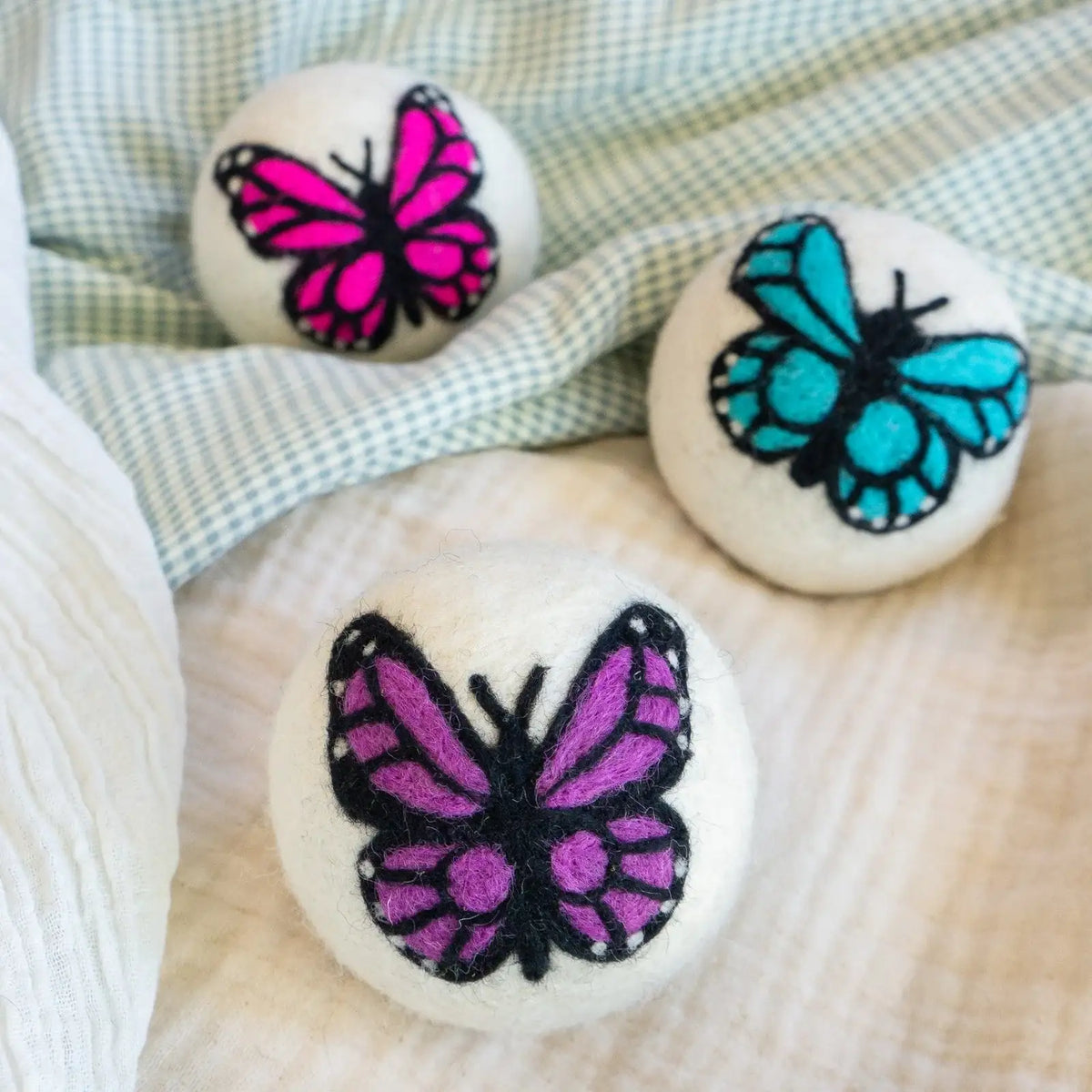 Reusable Dryer Balls Laundry Set with Three Needle-Felted Monarch Butterflies for Small and Medium Loads