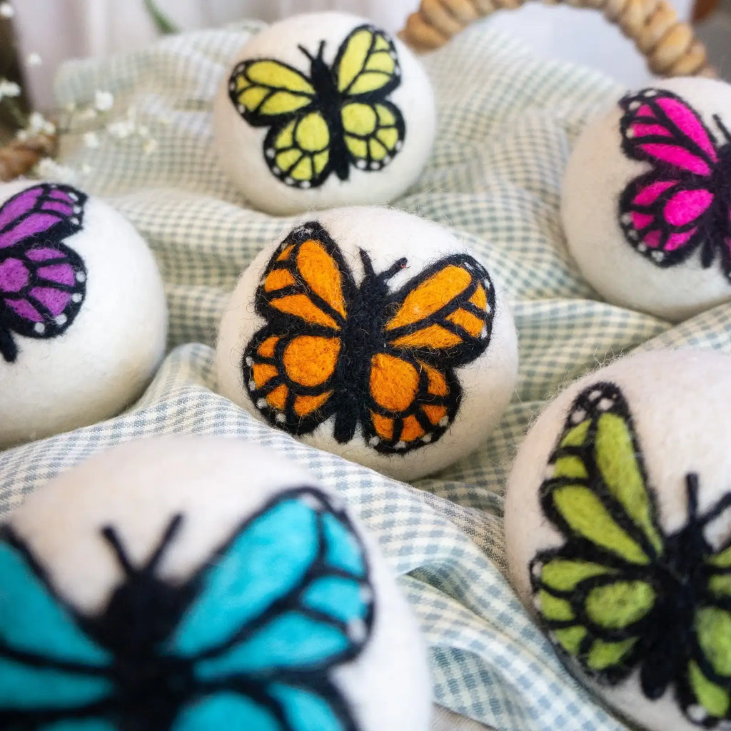 Reusable Dryer Balls Laundry Set with Three Needle-Felted Monarch Butterflies for Small and Medium Loads