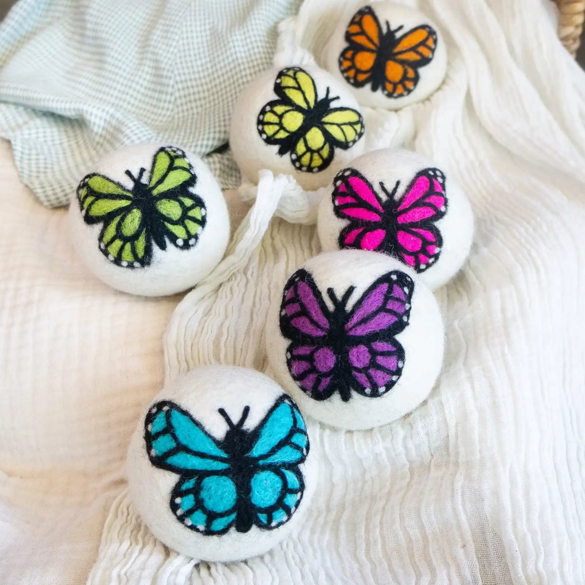 Reusable Dryer Balls Laundry Set with Three Needle-Felted Monarch Butterflies for Small and Medium Loads
