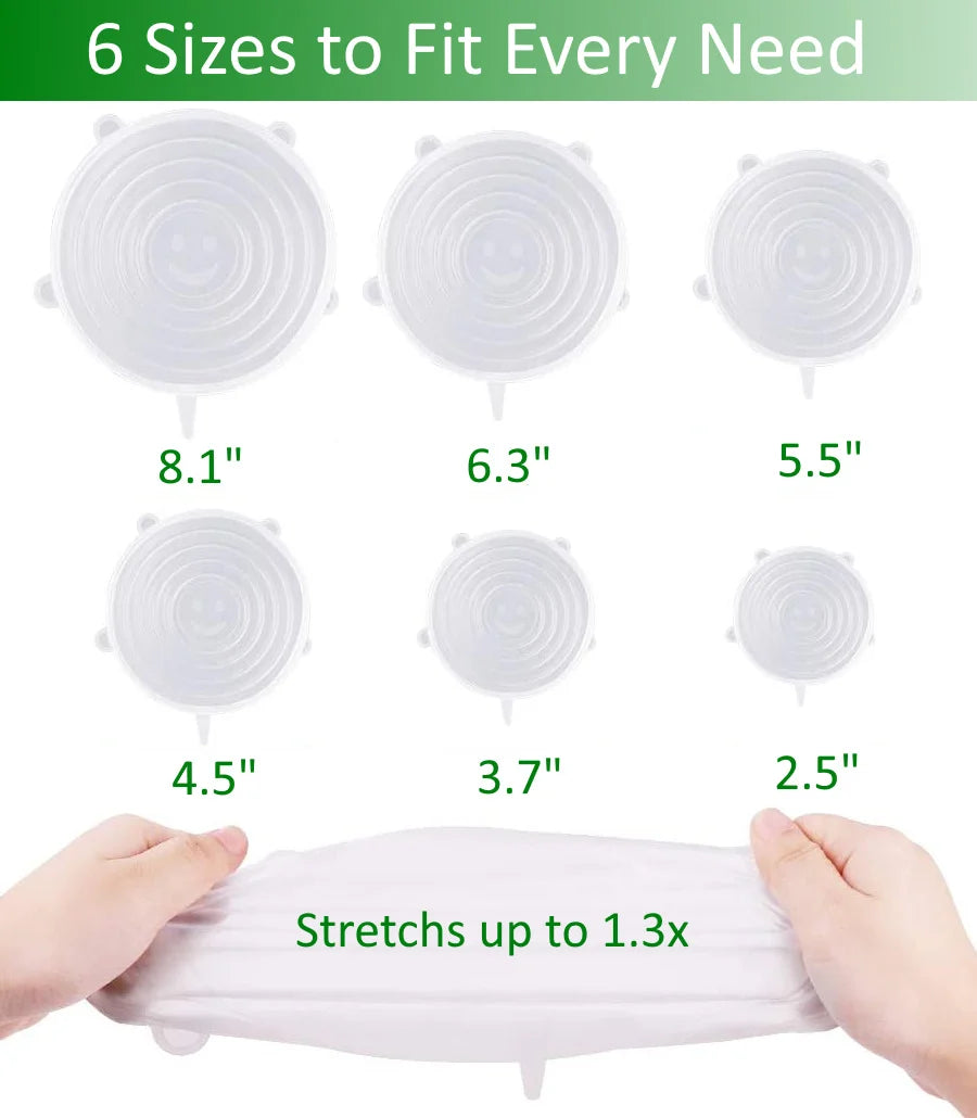 Reusable Silicone Stretch Lids, Clear 6-Piece Set in Six Sizes