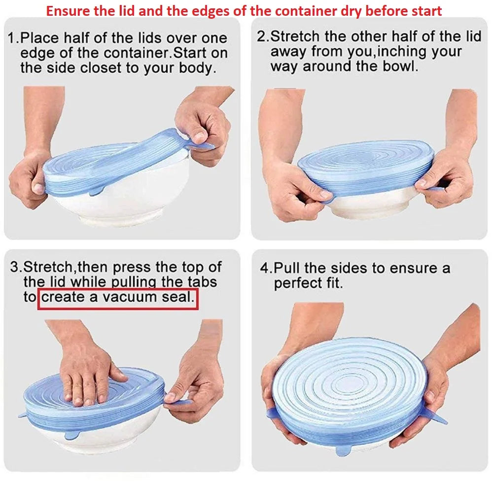 Reusable Silicone Stretch Lids, Clear 6-Piece Set in Six Sizes