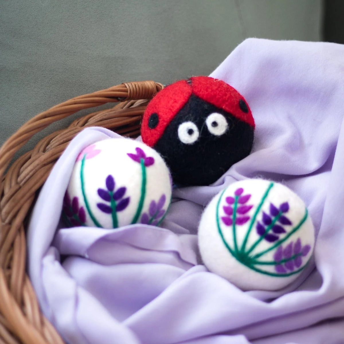 Reusable Wool Dryer Balls, 3-Piece Lavender Fields Ladybug Set