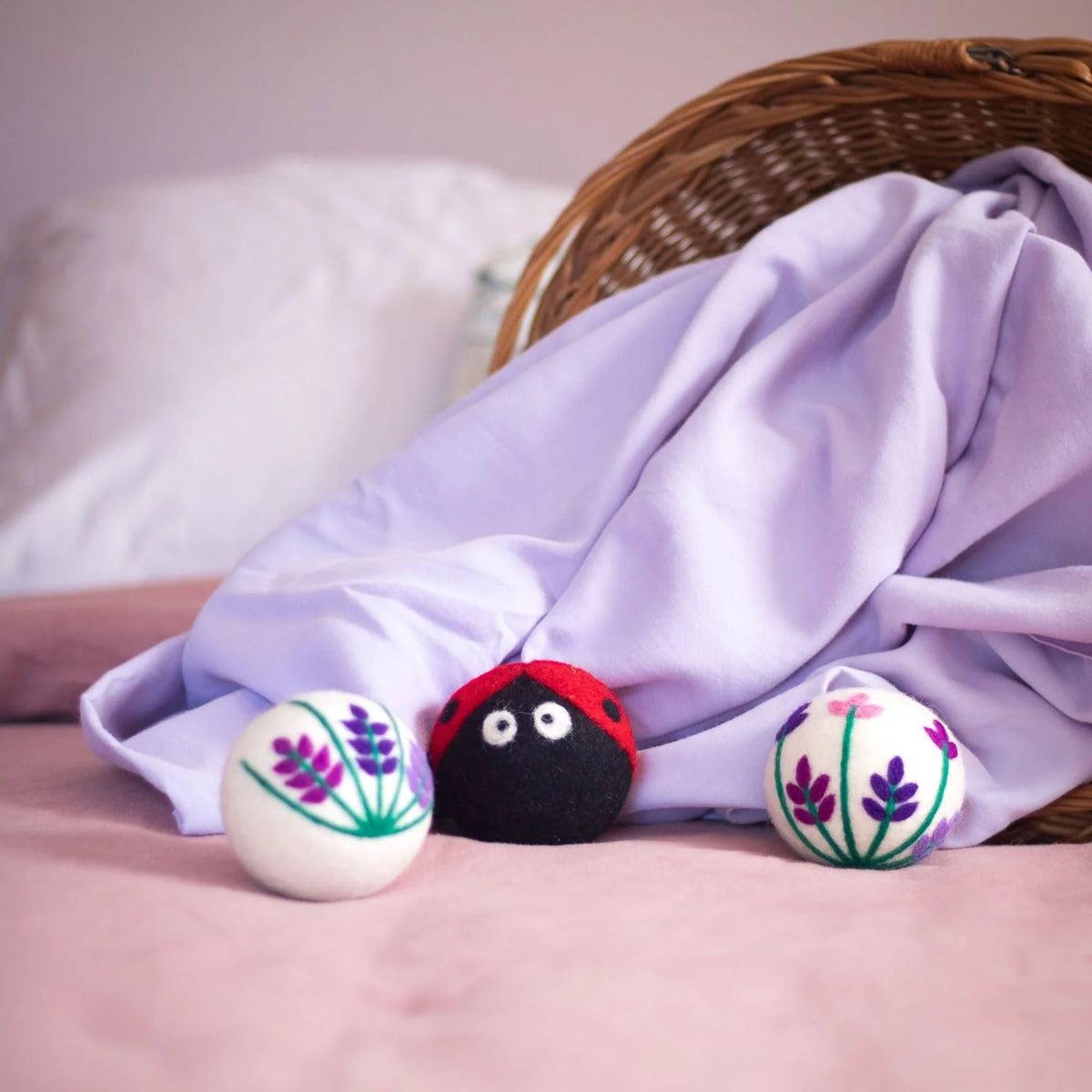 Reusable Wool Dryer Balls, 3-Piece Lavender Fields Ladybug Set