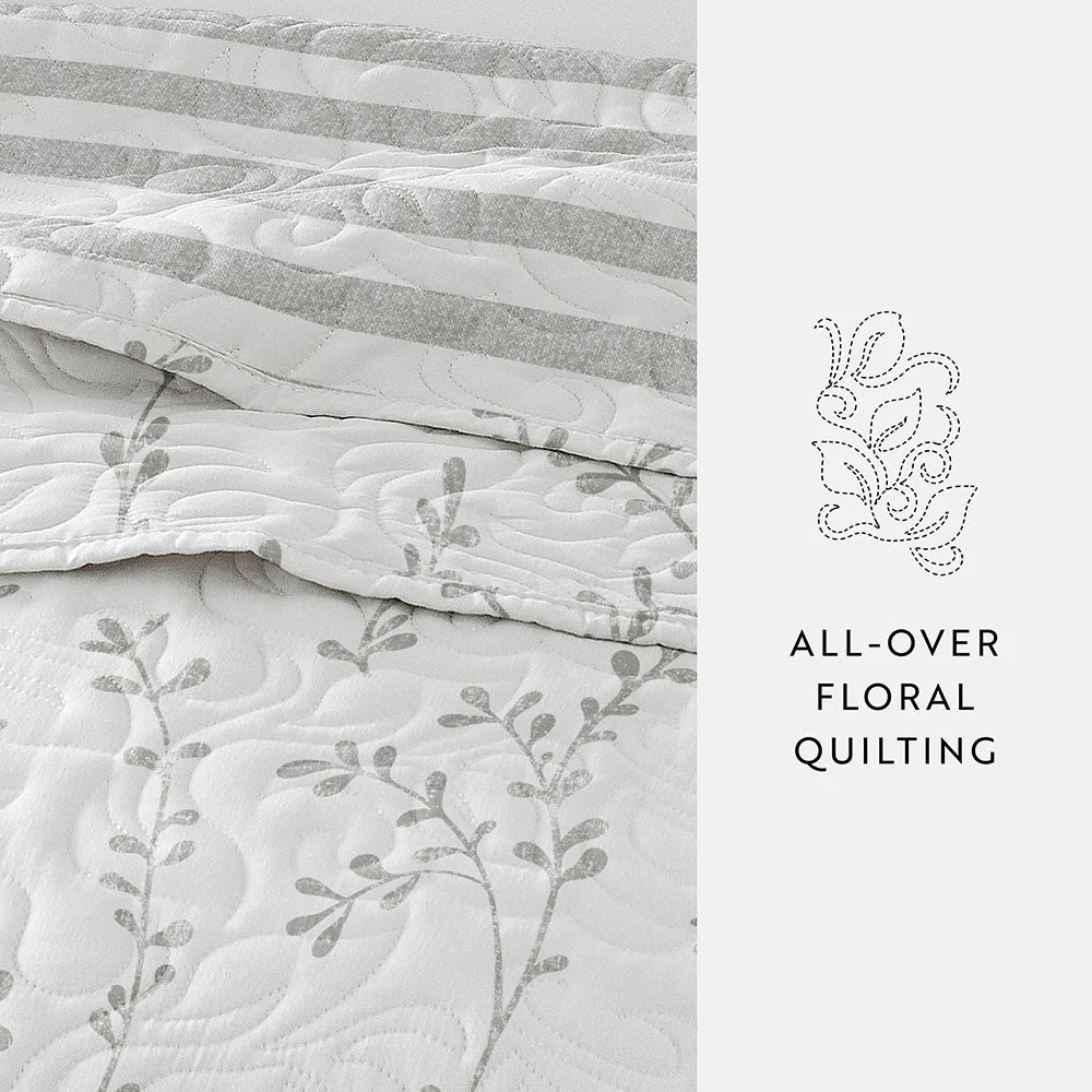 Reversible Quilted Coverlet Set in Light Gray Sprouting Vines