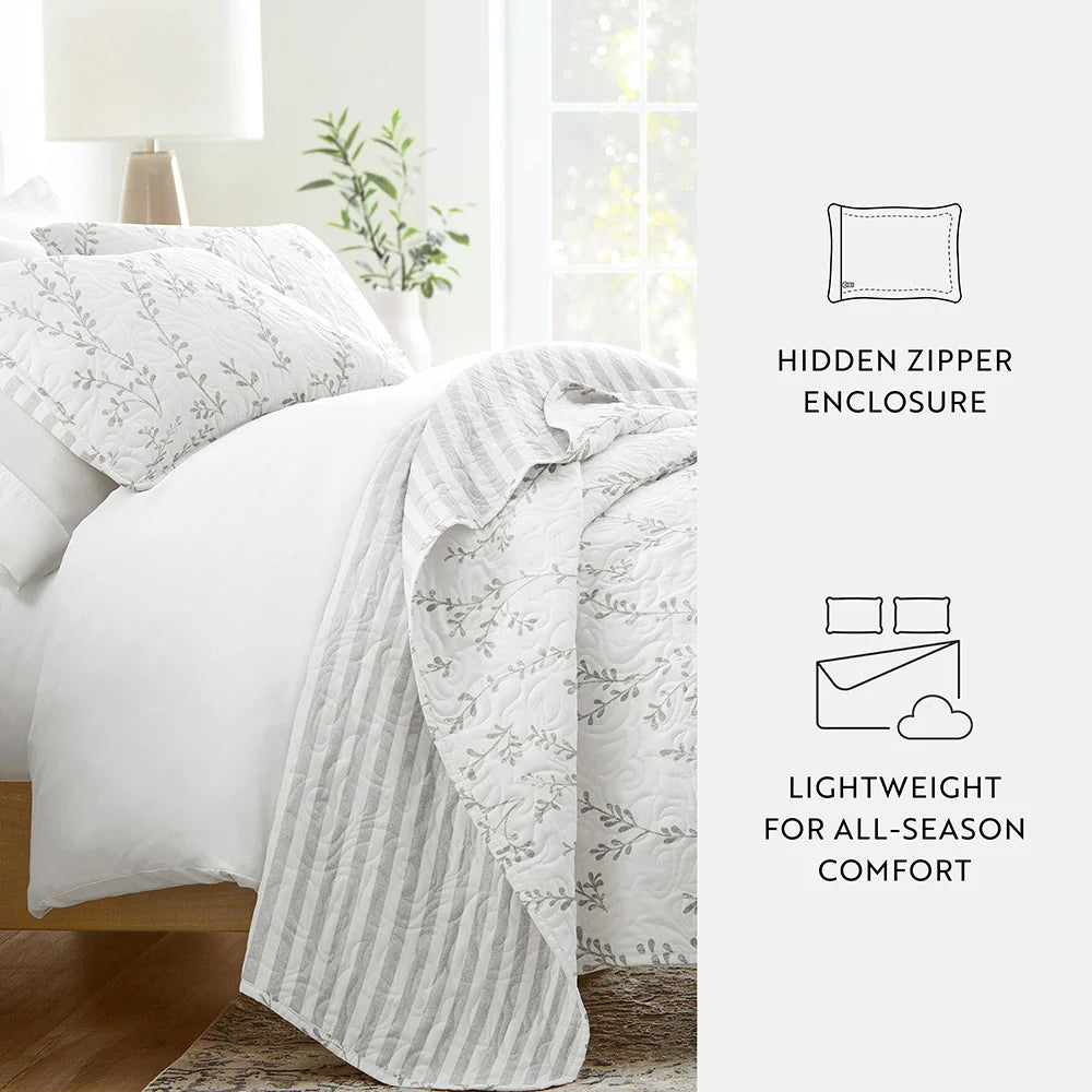 Reversible Quilted Coverlet Set in Light Gray Sprouting Vines