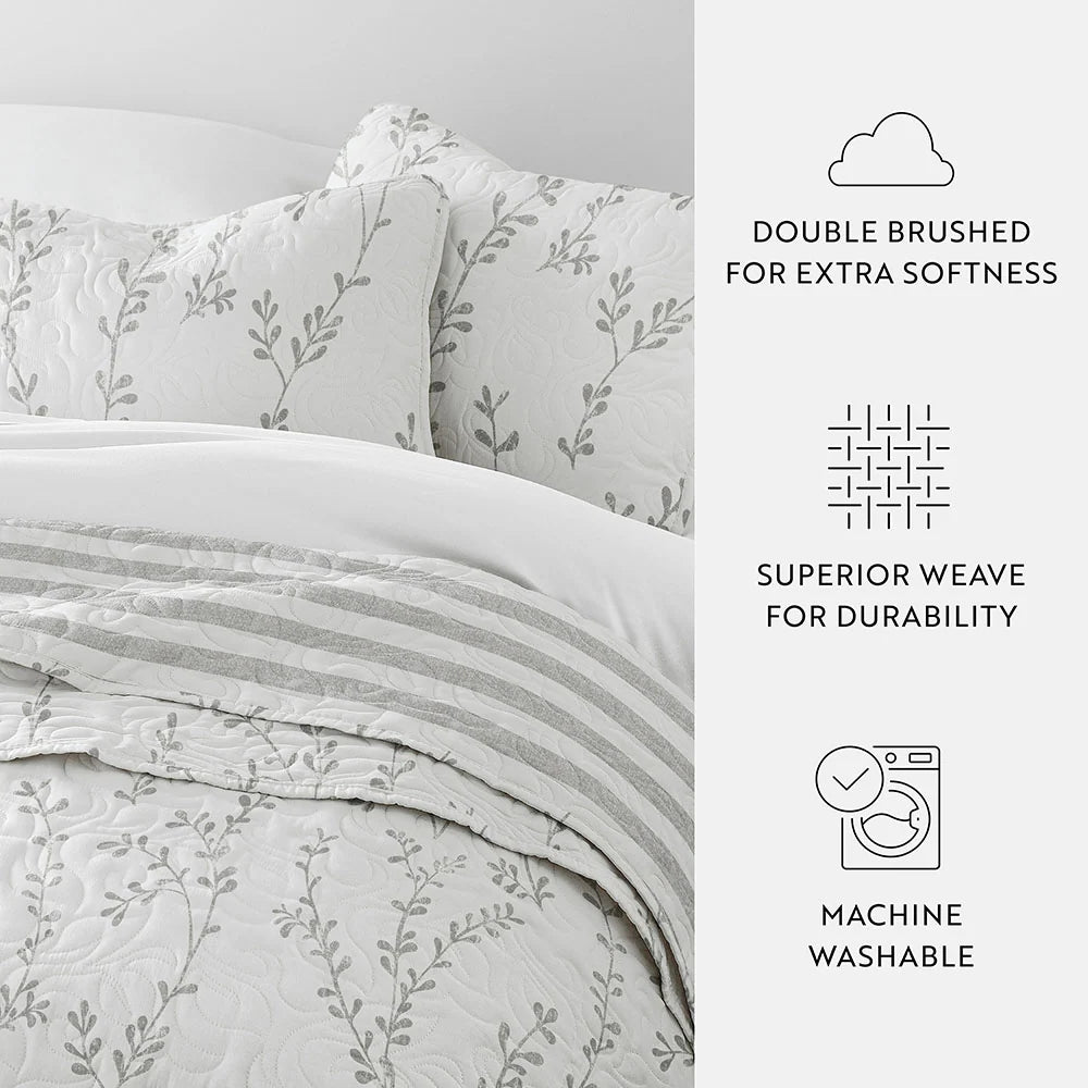 Reversible Quilted Coverlet Set in Light Gray Sprouting Vines