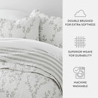 Reversible Quilted Coverlet Set in Light Gray Sprouting Vines