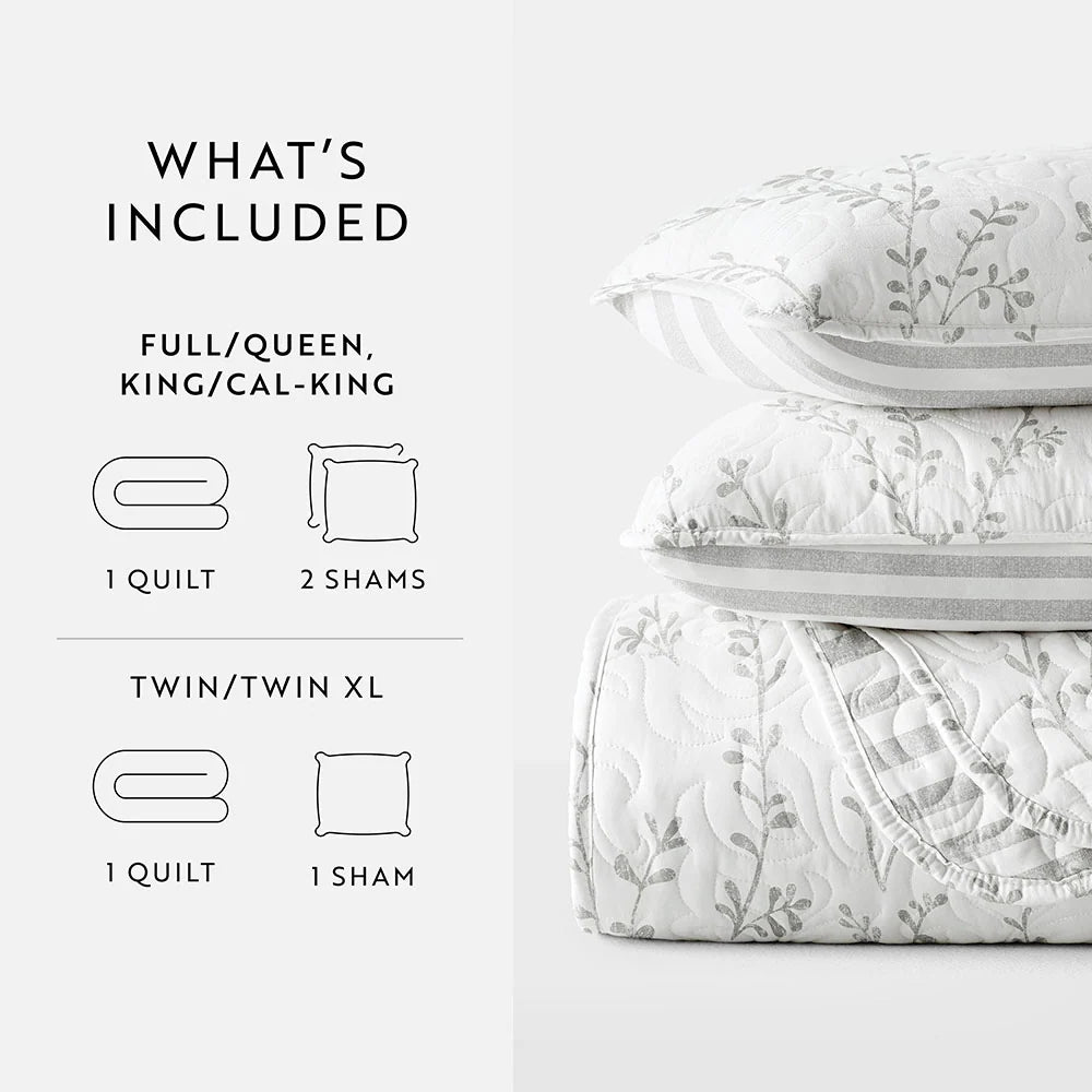 Reversible Quilted Coverlet Set in Light Gray Sprouting Vines