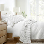 Reversible Quilted Coverlet Set in Light Gray Sprouting Vines