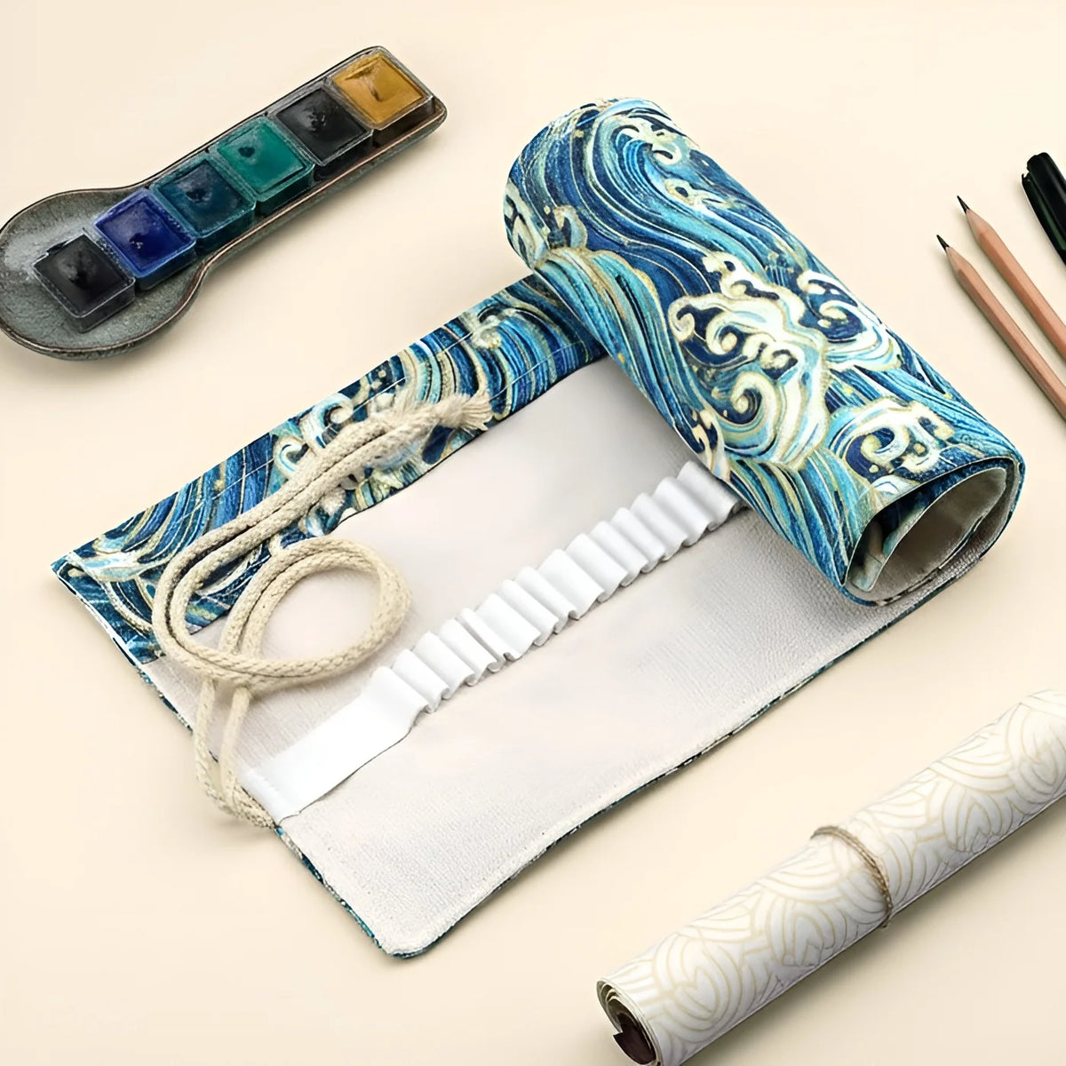 Roll-Up Pencil Case in Blue Great Wave Canvas for Keeping Pens and Art Brushes Organized on the Go