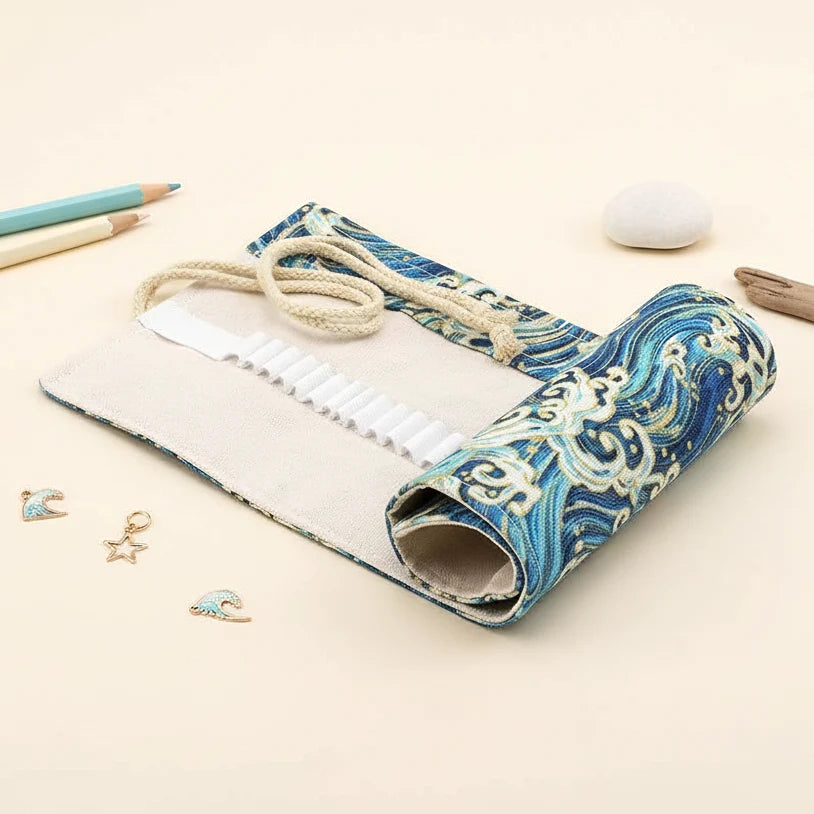 Roll-Up Pencil Case in Blue Great Wave Canvas for Keeping Pens and Art Brushes Organized on the Go