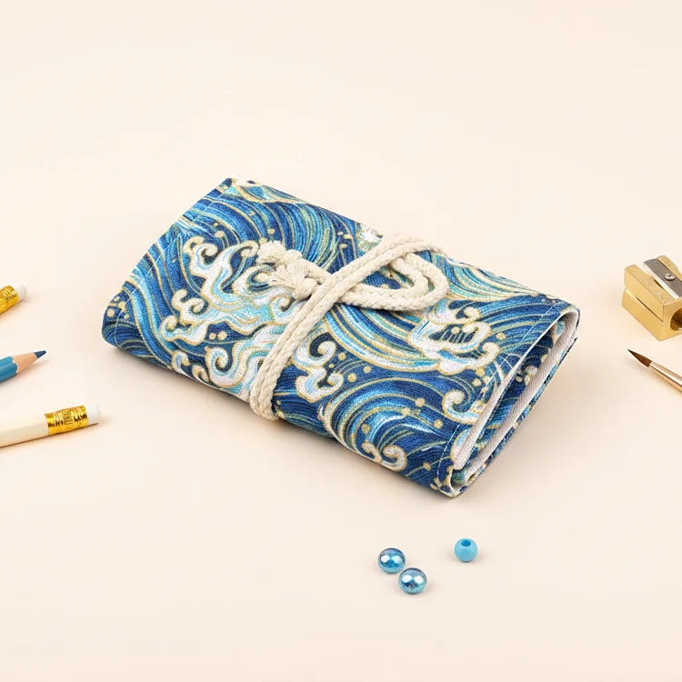 Roll-Up Pencil Case in Blue Great Wave Canvas for Keeping Pens and Art Brushes Organized on the Go