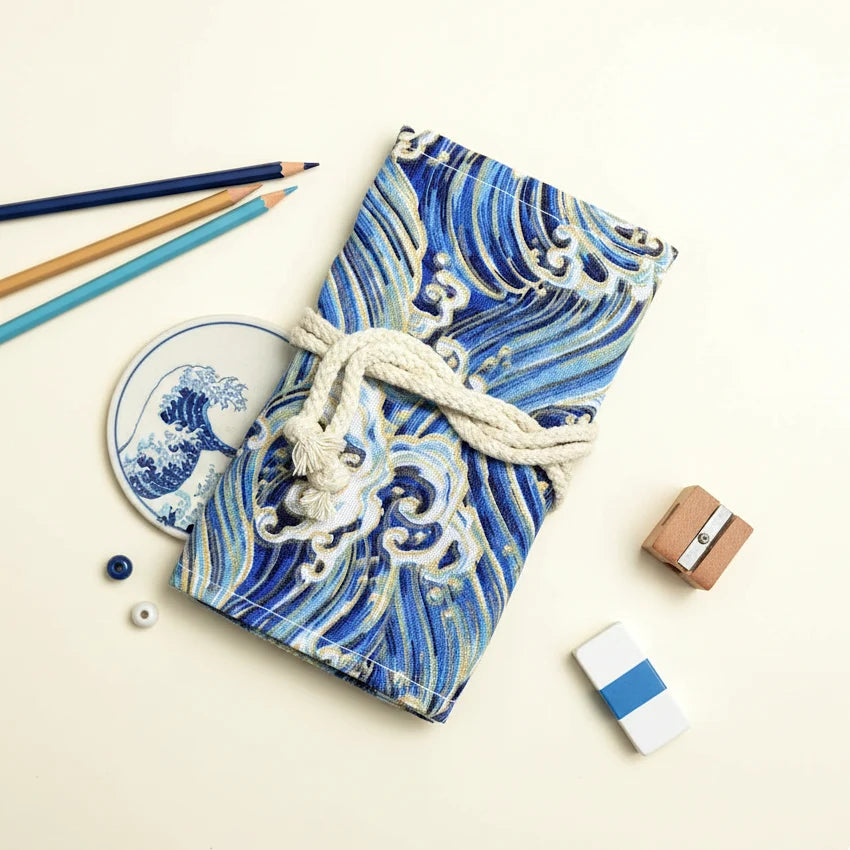 Roll-Up Pencil Case in Blue Great Wave Canvas for Keeping Pens and Art Brushes Organized on the Go