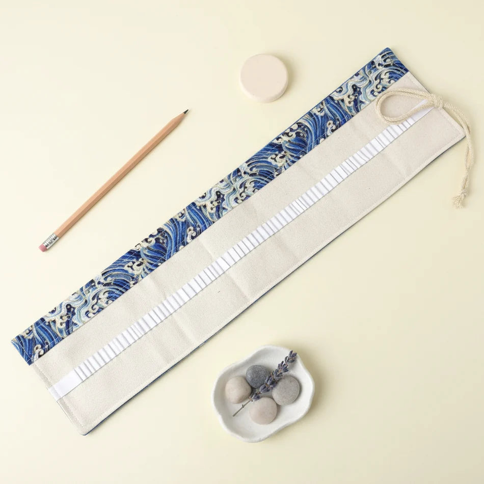 Roll-Up Pencil Case in Blue Great Wave Canvas for Keeping Pens and Art Brushes Organized on the Go