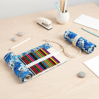 Roll-Up Pencil Case in Blue Great Wave Canvas for Keeping Pens and Art Brushes Organized on the Go