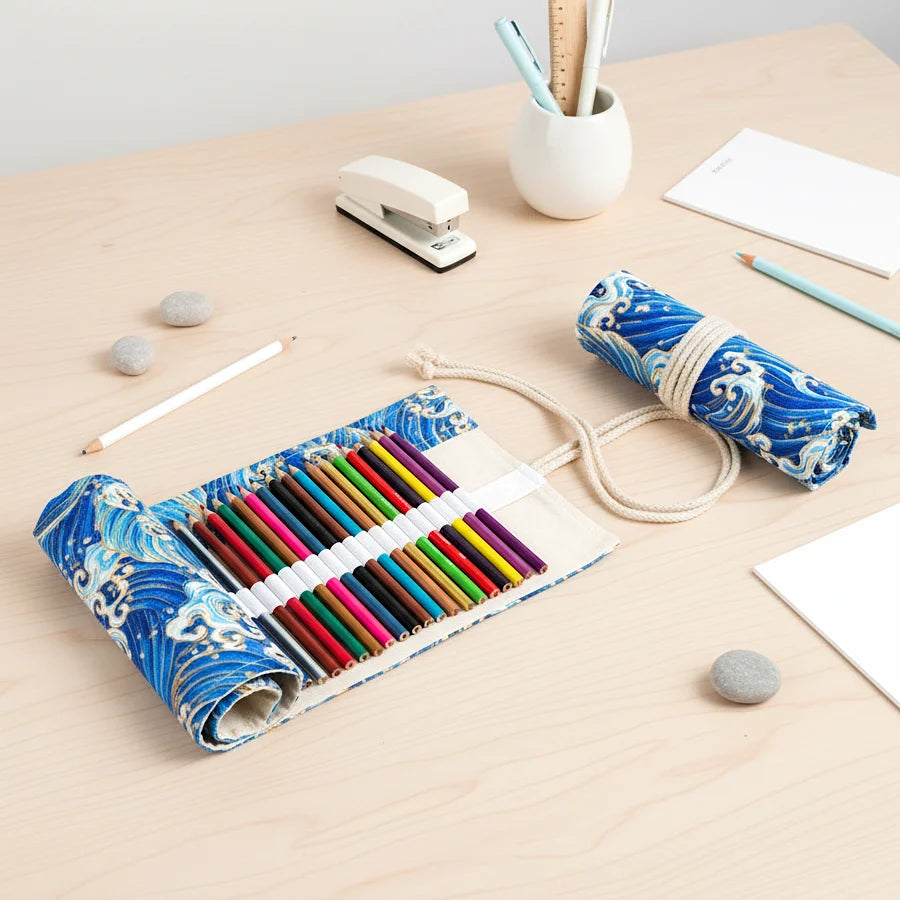 Roll-Up Pencil Case in Blue Great Wave Canvas for Keeping Pens and Art Brushes Organized on the Go