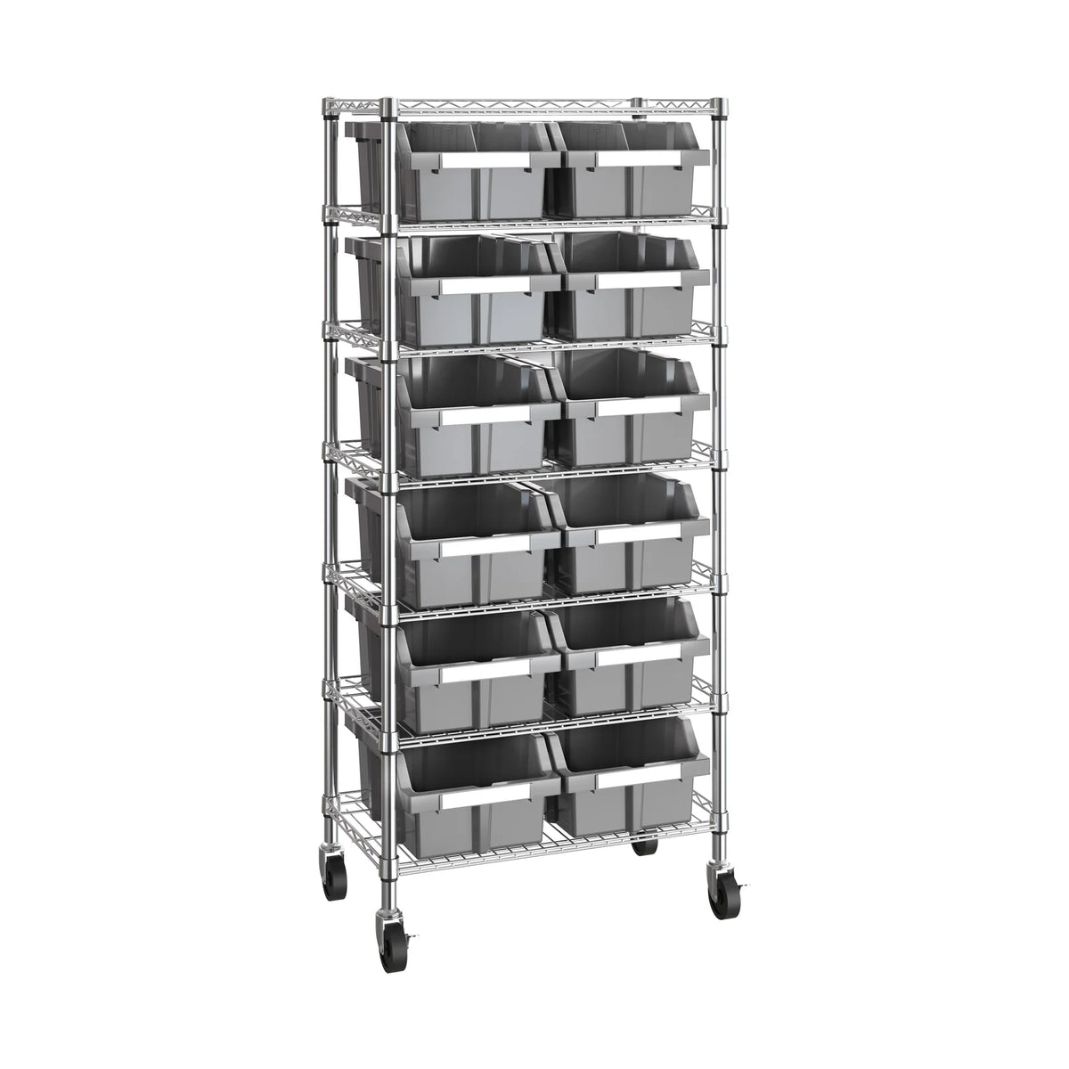 Rolling Bin Rack with 12 Grey Slide-Out Bins and Seven Steel Wire Shelves for Garage or Office Storage