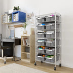 Rolling Bin Rack with 12 Grey Slide-Out Bins and Seven Steel Wire Shelves for Garage or Office Storage
